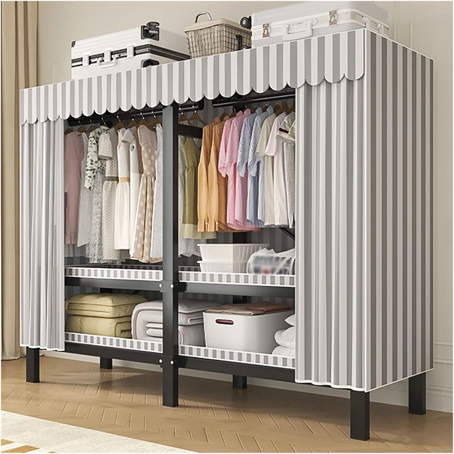 Heavy Duty Wardrobe Closet With Cover, Portable Metal Garment Rack With Hanging Rods, Foldable Clothing Rack For Hanging Clothes, For Bedroom(Grey1,150cm/59.1inch)