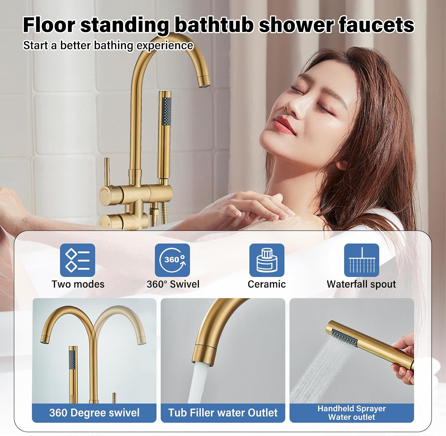 Brushed Gold Freestanding Bathtub Faucet with Hand Shower Tub Filler Faucet Floor Mounted High Flow Single Handle Bath Filler Solid Brass