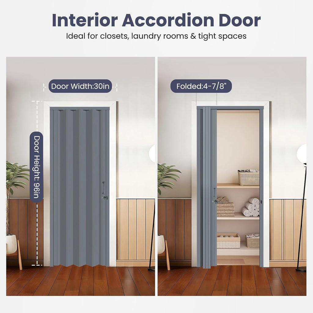 DIYHD 30X96in Interior Folding PVC Accordion Door,Grey,Include Door and Mounting Hardware,Handle,Latch,Folded Width 4-7/8'