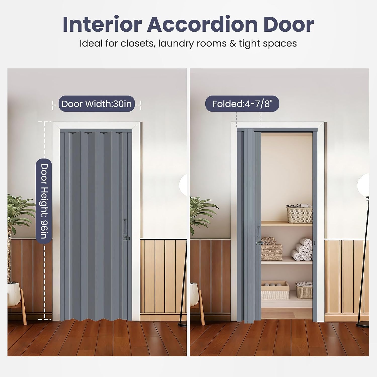 DIYHD 30X96in Interior Folding PVC Accordion Door,Grey,Include Door and Mounting Hardware,Handle,Latch,Folded Width 4-7/8'
