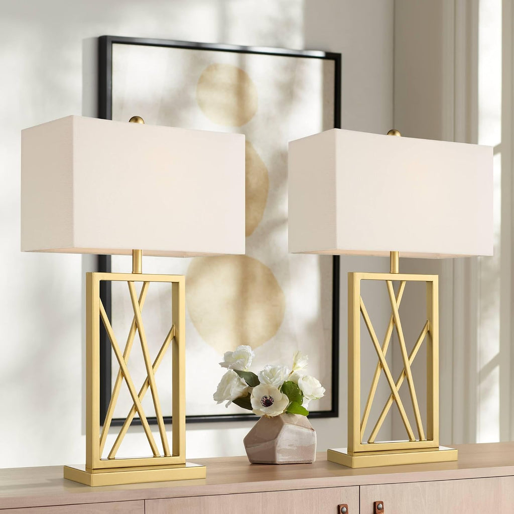 360 Lighting Claudia 26 1/2' Tall Open Metal Base Modern Glam Luxury Table Lamps Set of 2 Gold Finish White Shade Living Room Bedroom Bedside Nightstand House Office Home Reading Kitchen Entryway