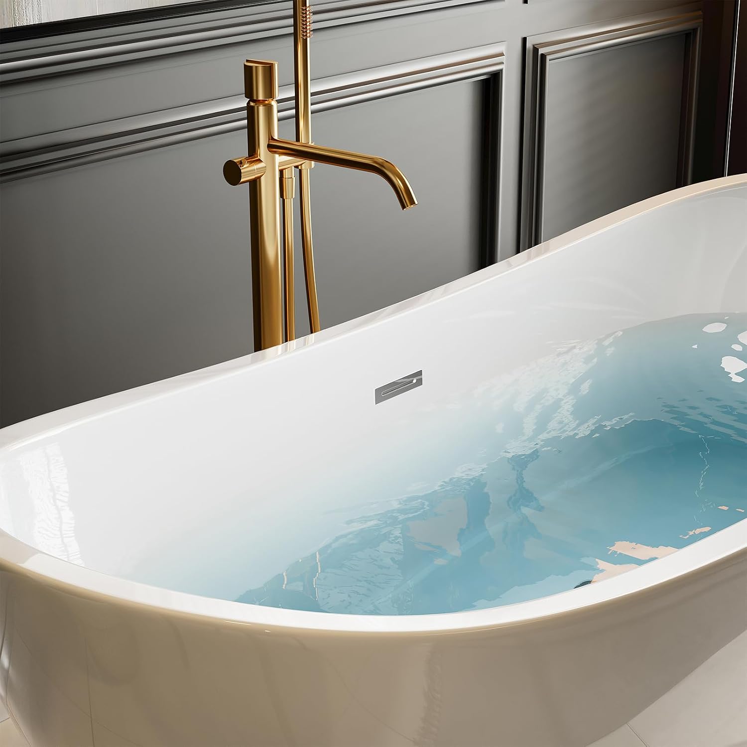 Empava 69 Inch Freestanding Bathtub, Acrylic Soaking Tub with 15' Internal Water Depth & Non-Slip Bottom, Modern Oval White Tub for One Adult, 58 Gallon Capacity, cUPC Certified