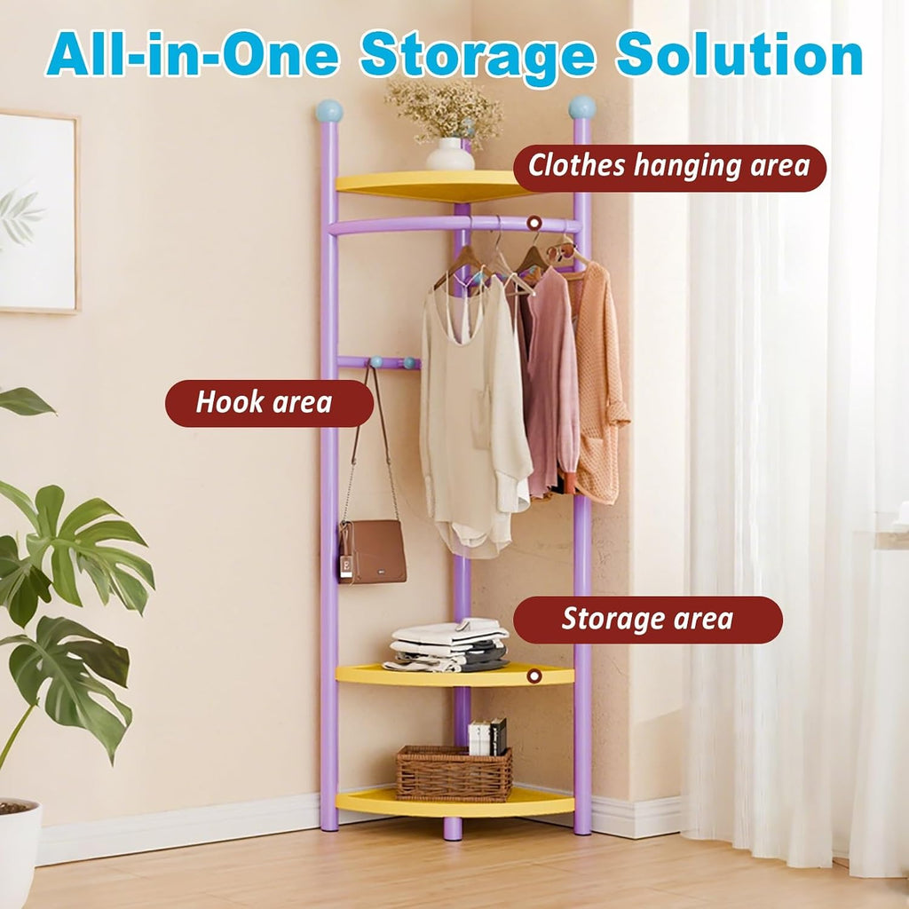 Corner Coat Rack, Corner Hall Tree with 3 Tier Shelves, Metal Clothes Rack, Freestanding Garment Racks for Bedroom, Living Room, Entryway(Purple)