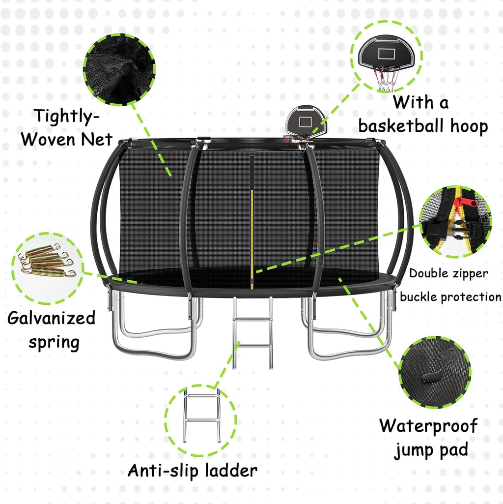 Tranpoline 10FT 12FT 14FT 16FT Tranpoline for Kids with Safety Enclosure Net Recreational Tranpoline for Adults ASTM Approval Backyard Outdoor Tranpoline with Basketball Hoop