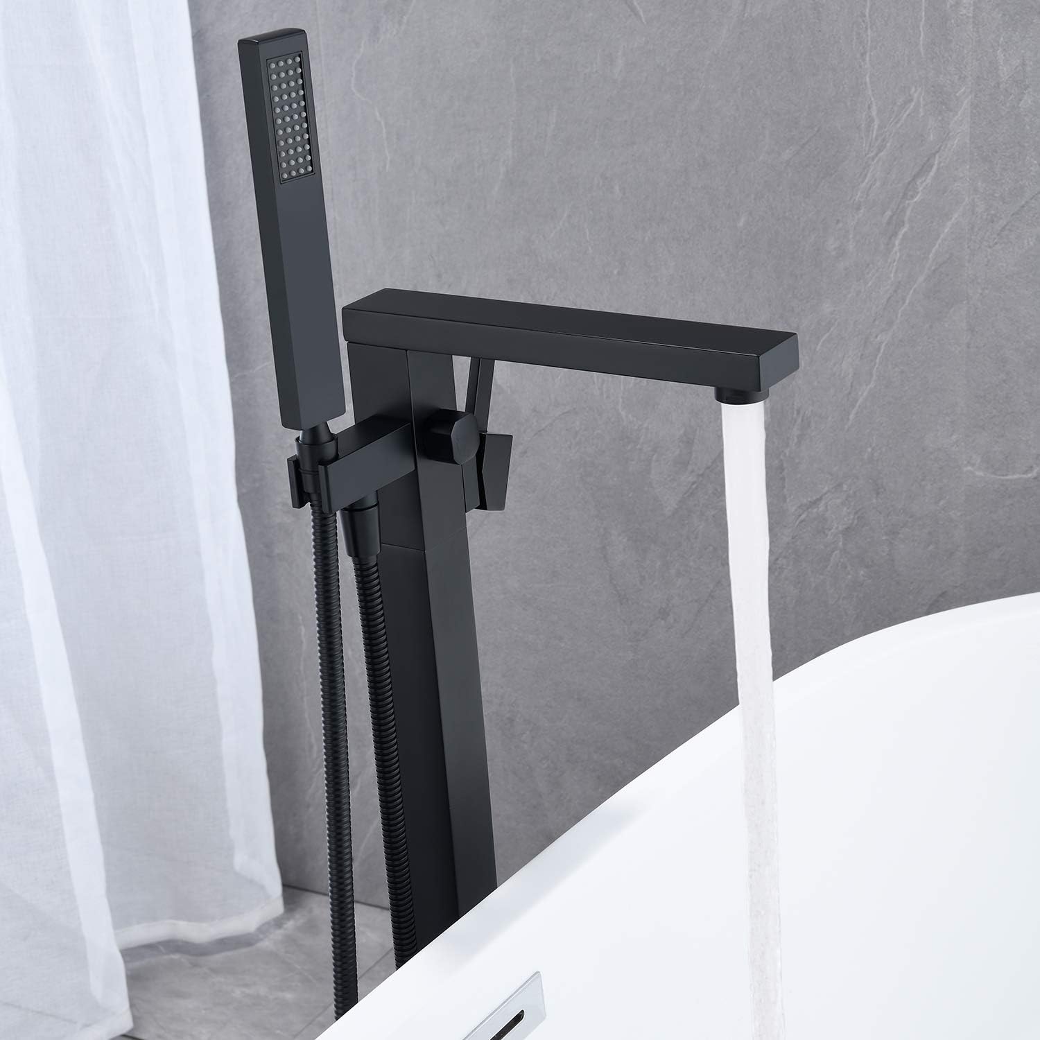 Wowkk Freestanding Bathtub Faucet Tub Filler Black Floor Mount Bathroom Faucets Brass Single Handle with Hand Shower