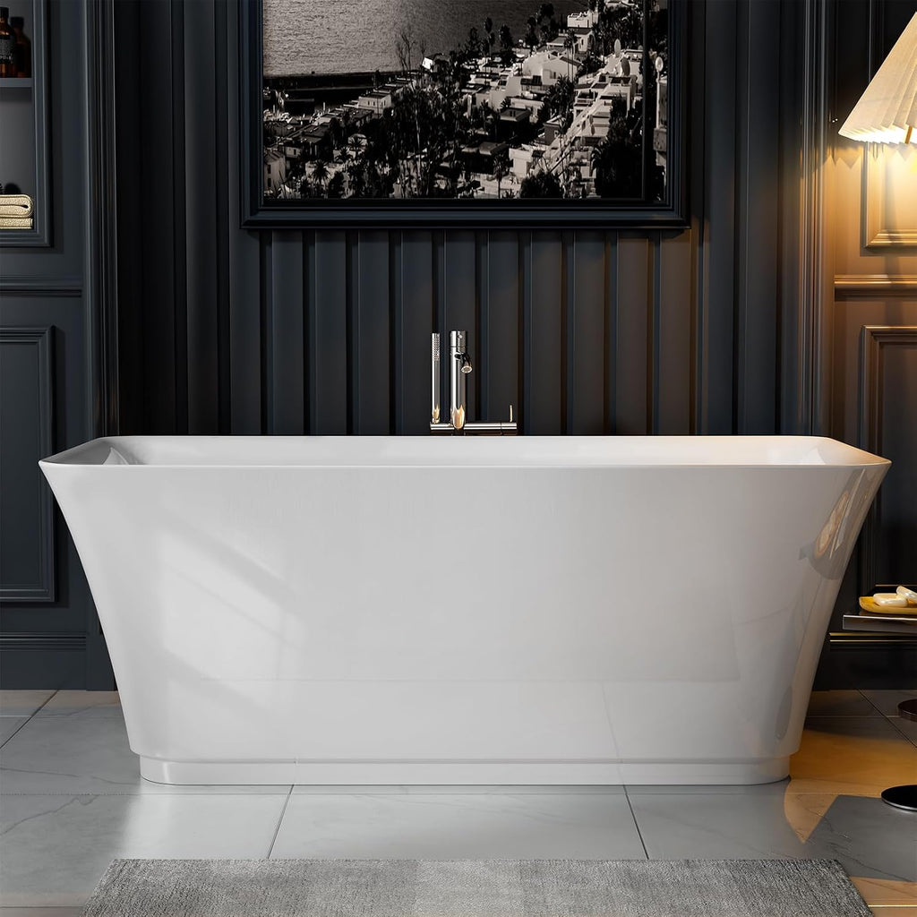 Empava 59' Freestanding Bathtub, Acrylic Deep Soaking Tub, Modern Stand Alone Tub with Anti-Slip Surface, Adjustable Feet & Drain Overflow Included, White, cUPC Certified