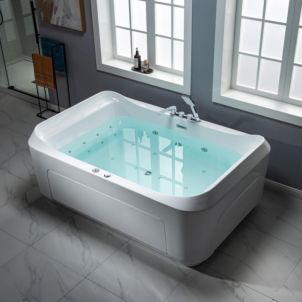 WOODBRIDGE 70-7/8'L x 47-1/4'W 2 Person Freestanding Hydrotherapy Whirlpool and Air Bath Heated Soaking Combination Massage Tub with Adjustable Speed Air Blower and Display Control Panel, B0091