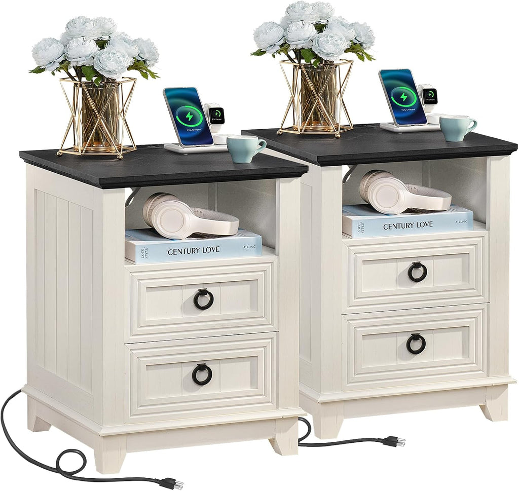 Joaxswe 18' Farmhouse Night Stands Set of 2 with Charging Station, 2 Drawers End Table Dresser for Bedroom， Wooden Nightstand, Bed Side Table with Open Shelf, Bedside Cabinet for Living Room（White）