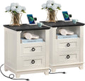 Joaxswe 18' Farmhouse Night Stands Set of 2 with Charging Station, 2 Drawers End Table Dresser for Bedroom， Wooden Nightstand, Bed Side Table with Open Shelf, Bedside Cabinet for Living Room（White）