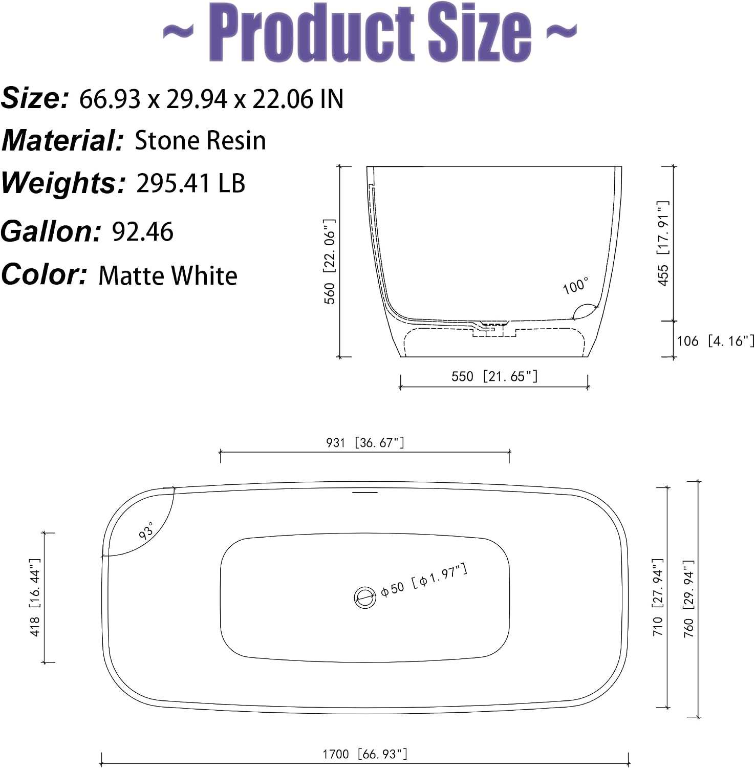 67' Resin Stone Freestanding Bathtub, Solid Surface Bathtub Modern Design Stand Alone Tub with Drain and Overflow, Matte White 306MW1700