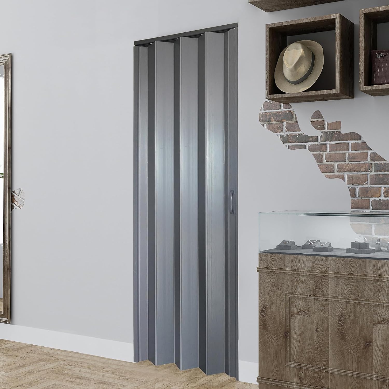 DIYHD 30X96in Interior Folding PVC Accordion Door,Grey,Include Door and Mounting Hardware,Handle,Latch,Folded Width 4-7/8'
