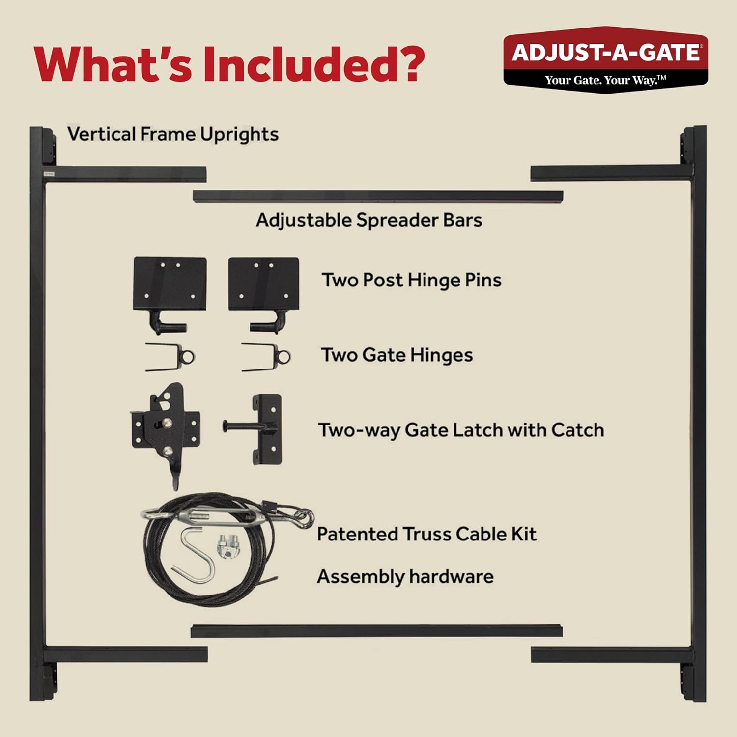 Adjust-A-Gate Full Frame Gate Fence Kit, Hardware for Openings 36'-60', Heights 3'-4'