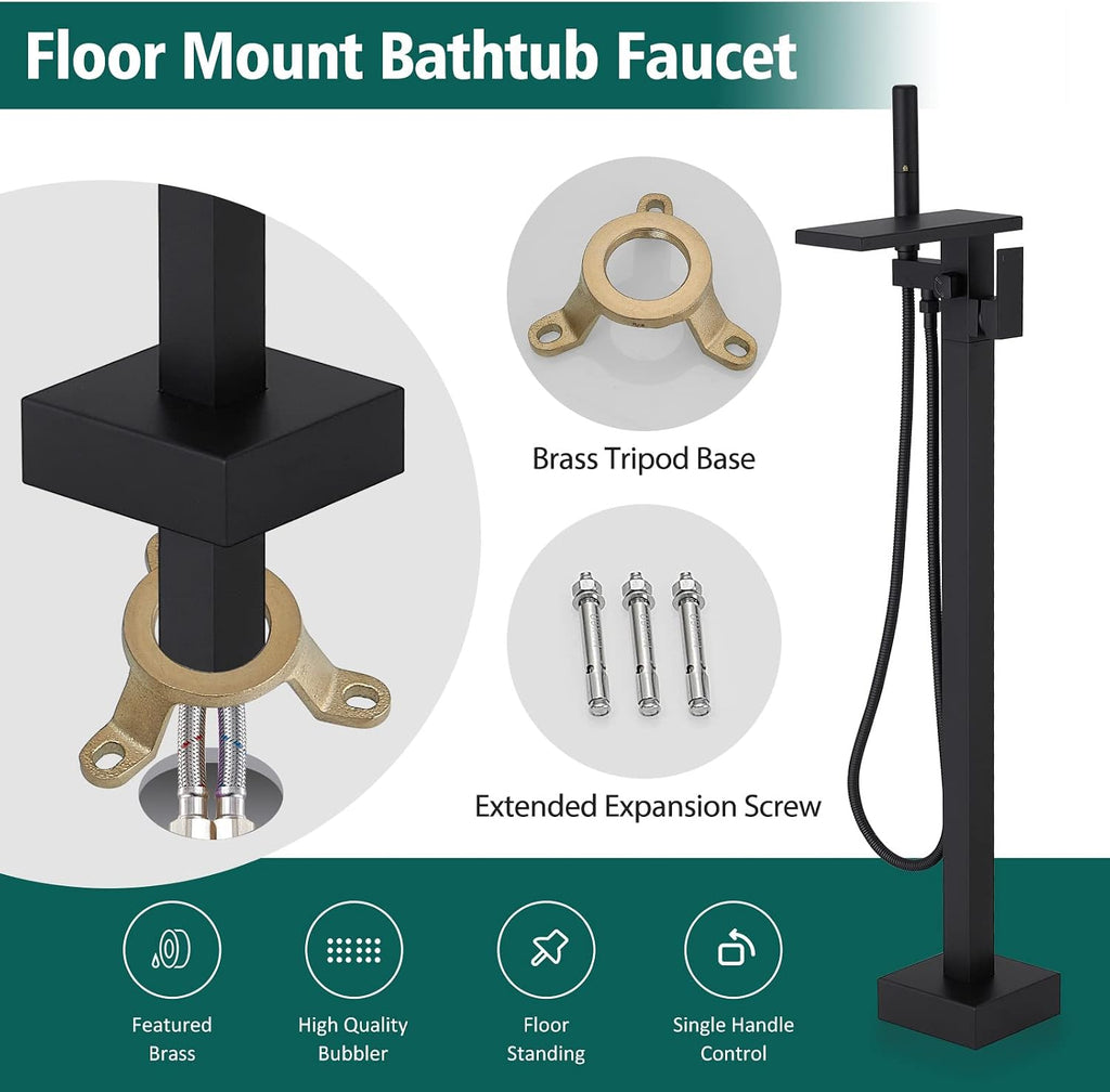 Hoimpro Tub Filler Freestanding Bathtub Faucet Matte Black Floor Mount Tub Faucet Waterfall Free Standing Bathtub Filler High Flow Brass Bath Shower Faucets with Handheld Sprayer