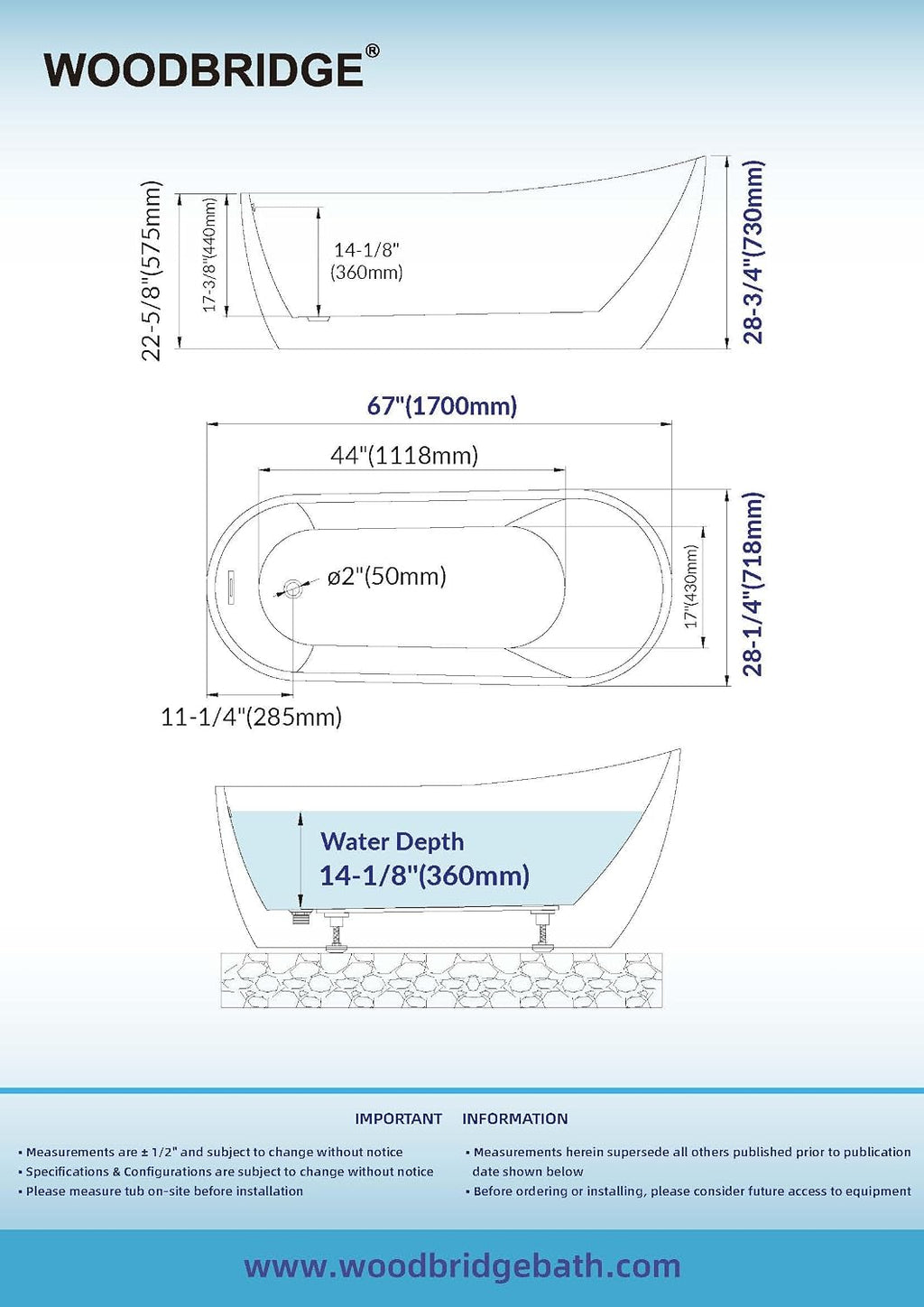 WOODBRIDGE 67' Acrylic Freestanding Bathtub Contemporary Soaking White Tub with Chrome Overflow and Drain