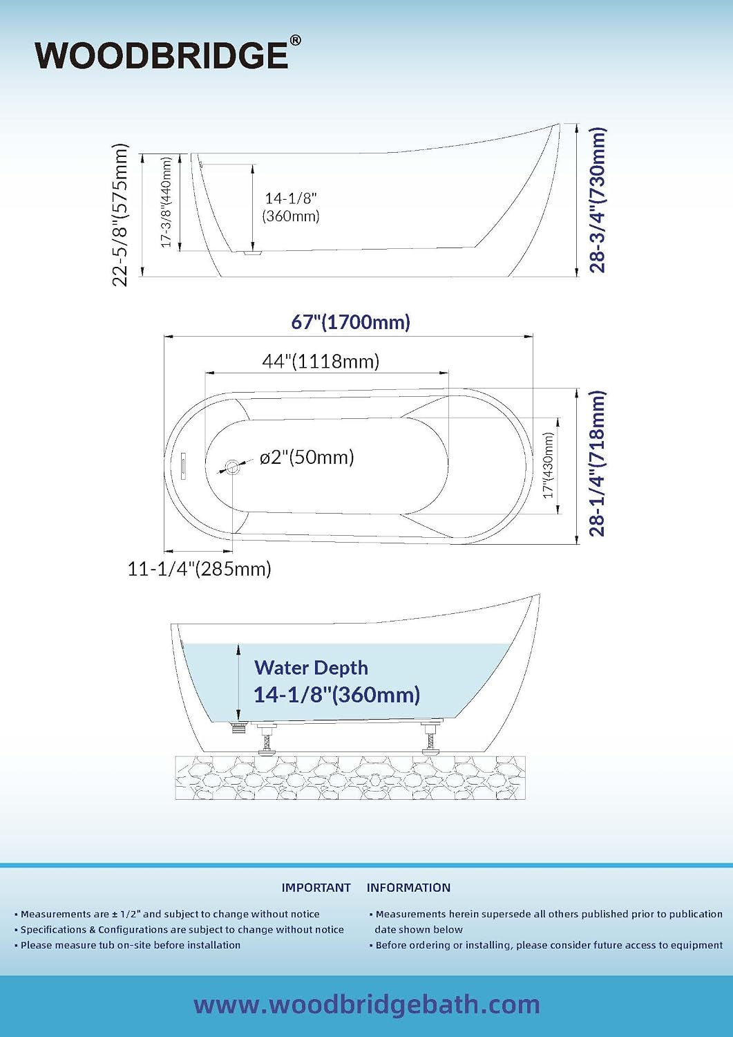 WOODBRIDGE 67' Acrylic Freestanding Bathtub Contemporary Soaking White Tub with Chrome Overflow and Drain