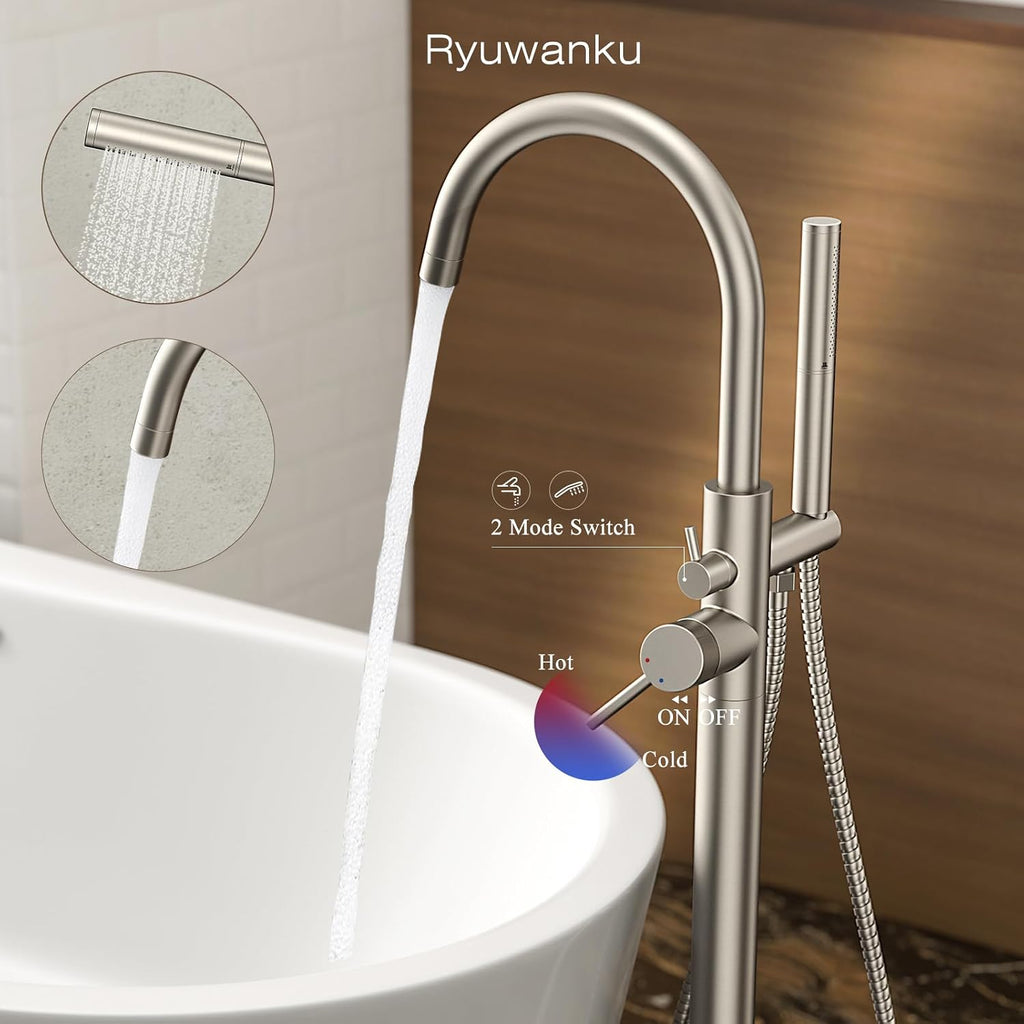 Freestanding Bathtub Faucet Brushed Nickel Tub Filler Floor Mount Free Standing Metal Bathroom Tub Gooseneck Spout with 2 Function Hand Shower