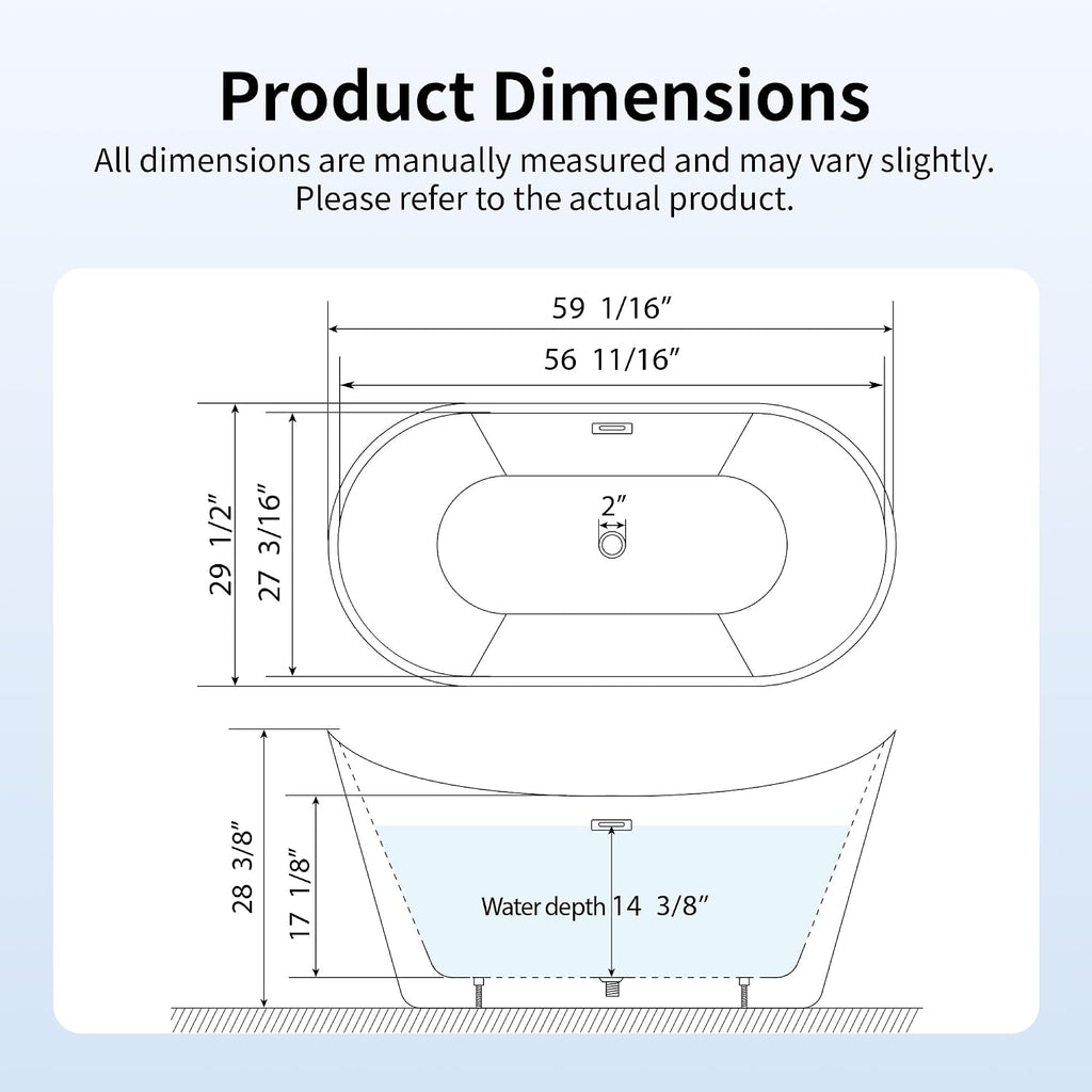 DeerValley 59' Free Standing Bathtub, Acrylic Soaking Tub with Center Drain & Integrated Overflow, Modern Standalone Shower Tub White, Deep Soaker, Ergonomic Design, DV-1T151S