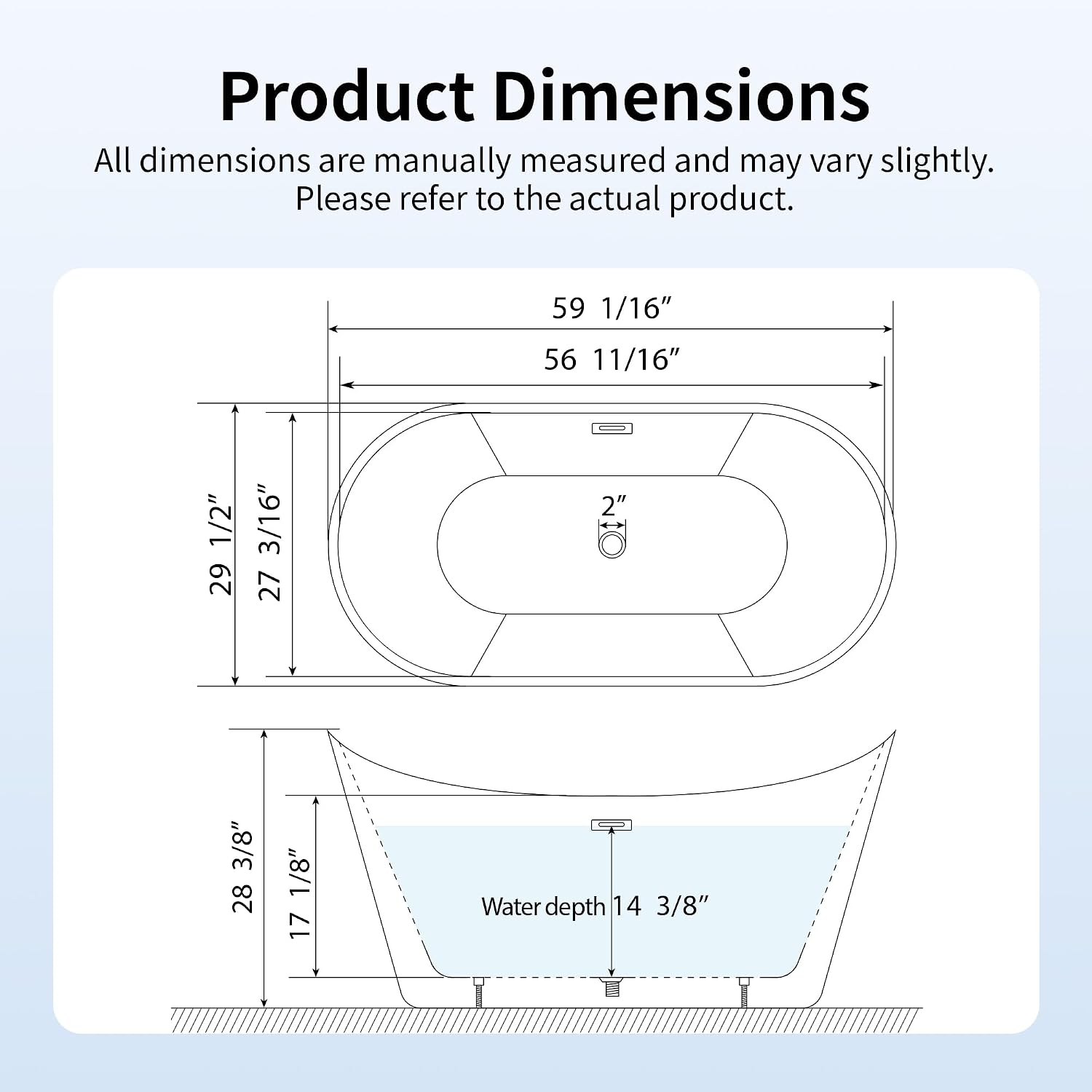 DeerValley 59' Free Standing Bathtub, Acrylic Soaking Tub with Center Drain & Integrated Overflow, Modern Standalone Shower Tub White, Deep Soaker, Ergonomic Design, DV-1T151S