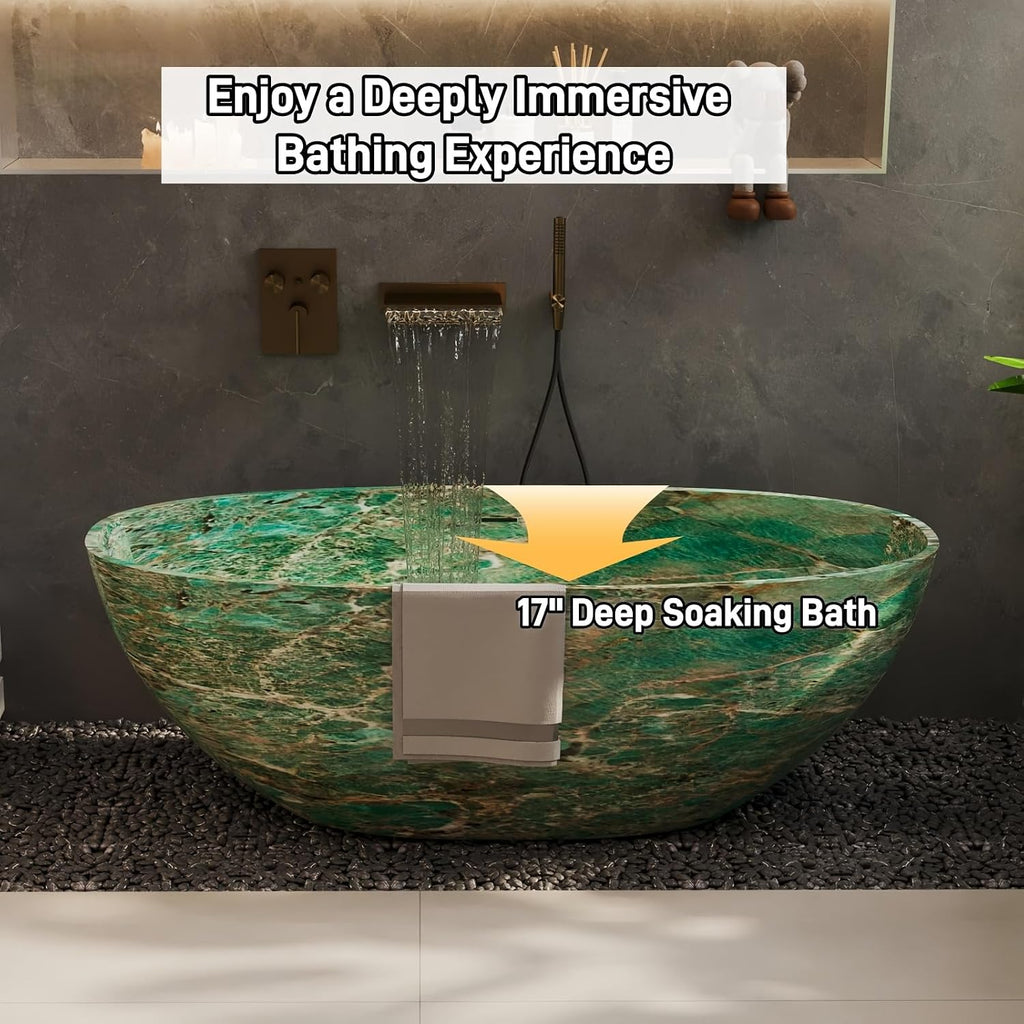 51' Edeyeu Freestanding Bathtub - Designer Solid Surface Bathtub Soaking Tub with Extra Deep Ergonomic Comfort, Luxury Color Statement Free Standing Tub Suitable, Green