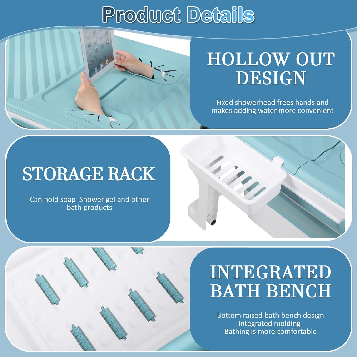 51 Inch Foldable Bathtub for Adults, Large Portable Tub for Shower, Effortless Collapsible Bathtub Adult for Spacious Bathrooms & Outdoor Use, Ideal for Ice Baths & Hot Baths (Blue-Green, 51 Inch)
