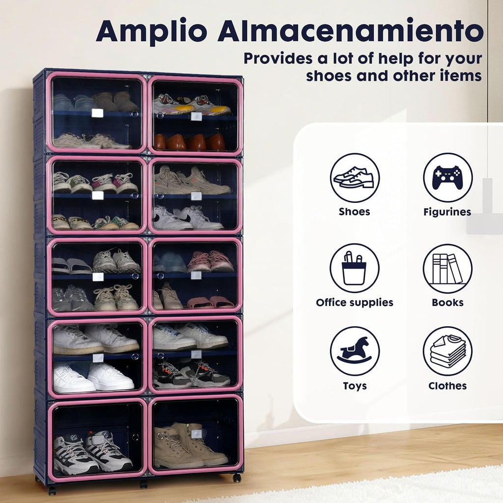 Folding Shoe Rack Storage Device,Large Plastic Folding Shoe Cabinet, Easy to Assemble Shoe Rack Storage Cabinet with Transparent Door Magnetic Buckle(9Tiers,36Pairs) Blue and Pink