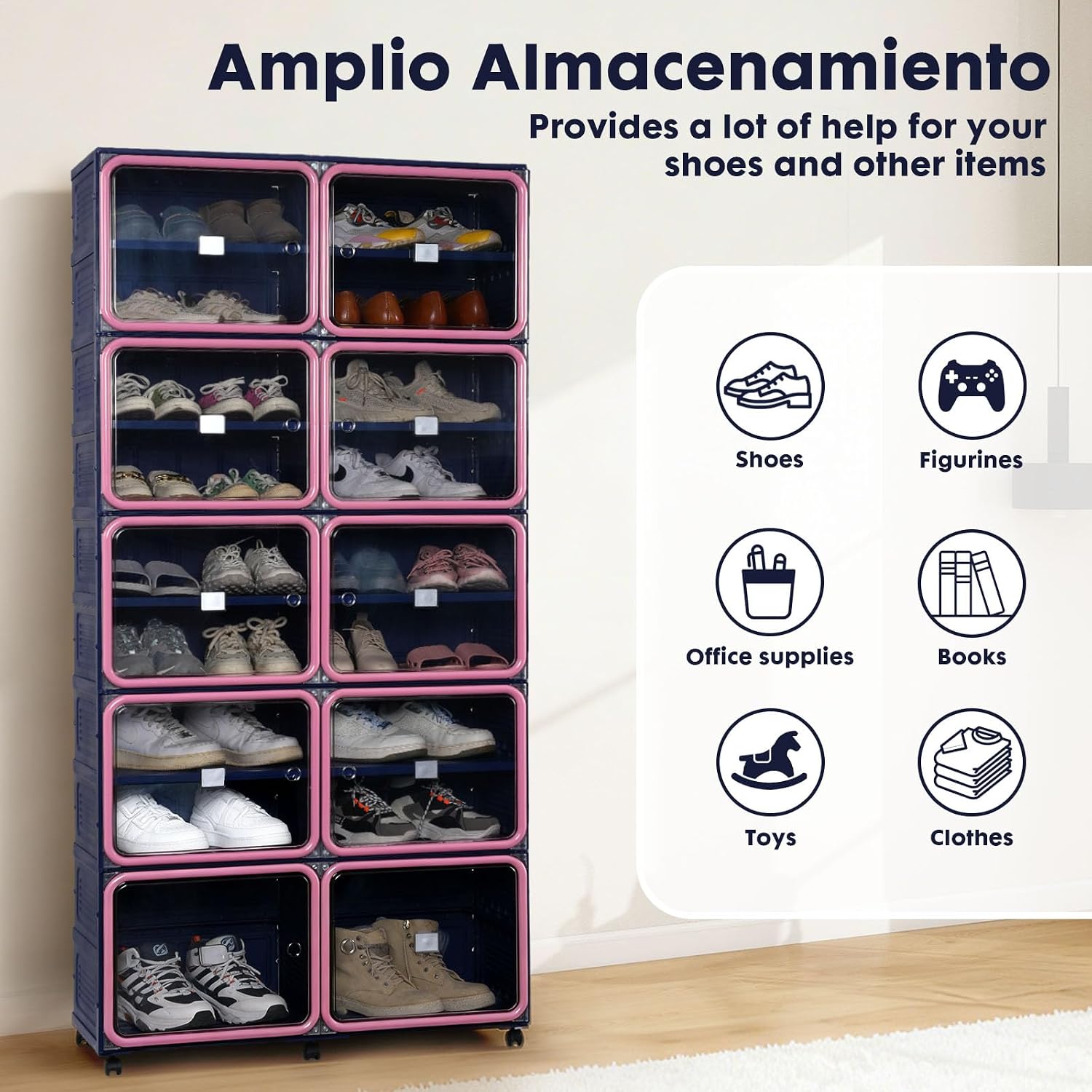 Folding Shoe Rack Storage Device,Large Plastic Folding Shoe Cabinet, Easy to Assemble Shoe Rack Storage Cabinet with Transparent Door Magnetic Buckle(9Tiers,36Pairs) Blue and Pink