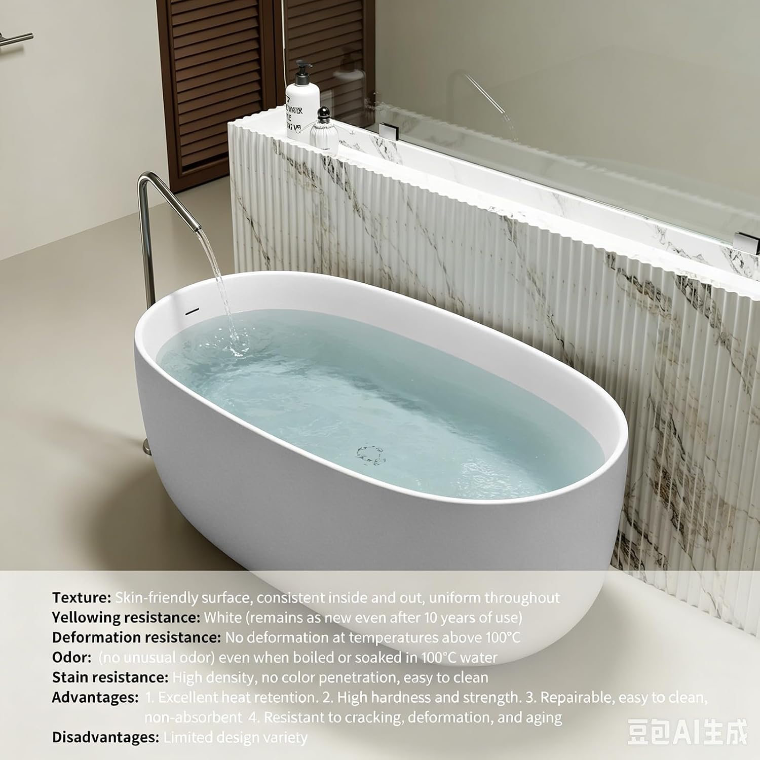 51' Stone Resin Freestanding Bathtub, Oval Shape Solid Surface Freestanding Tubs for Small Bathroom, Stand Alone Soaking Tubs with Integrated Slotted Overflow and Drain, Matte White