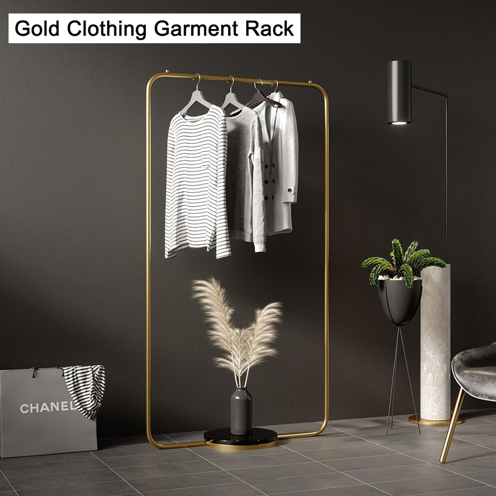 Garment Rack Gold, Metal Heavy Duty Clothes Rack Freestanding Wardrobe Storage Rack With Single Rods For Bedrooms, Clothing Store, Laundry Room, Living Room(Gold (Black Marble),31.5in)