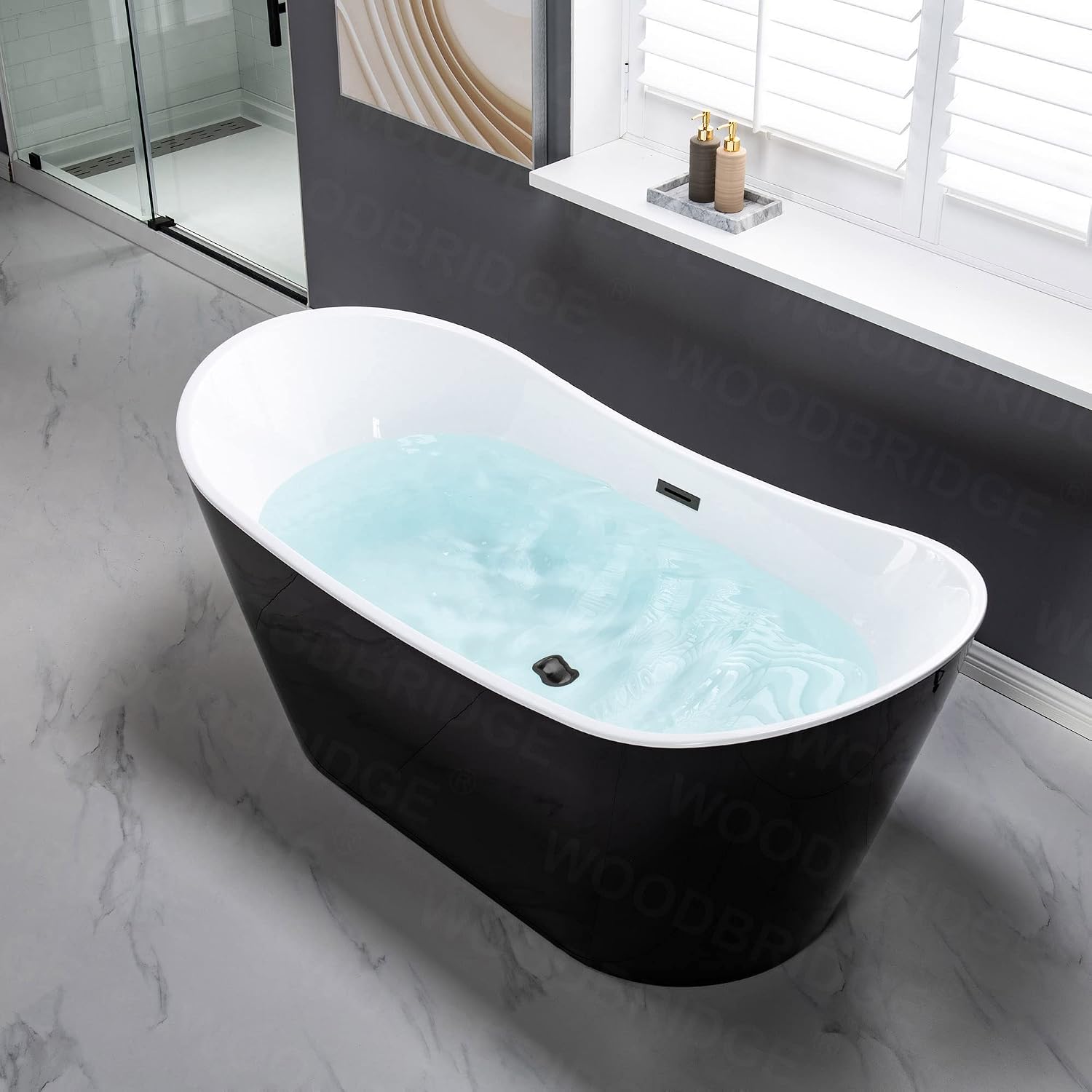 WOODBRIDGE 67' Acrylic Freestanding Bathtub Contemporary Soaking Tub with Mattle Black Overflow and Drain,Black