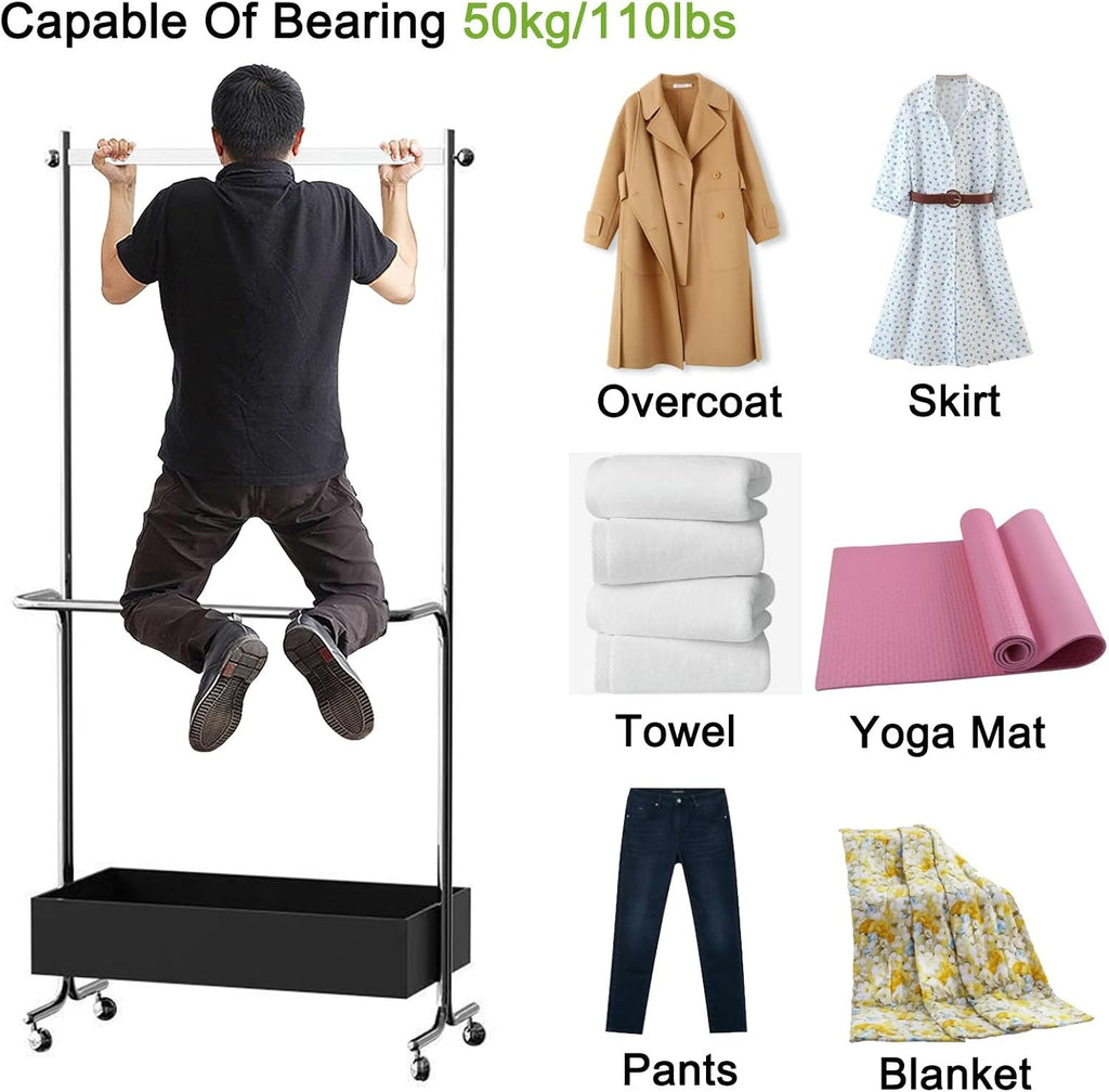 70inch Double Rod Clothes Rack With Wheels, Rolling Garment Rack With Storage Shelves Heavy Duty Metal Wood Clothing Rack For Bedroom, Living Room, Bathrooms(Brown)