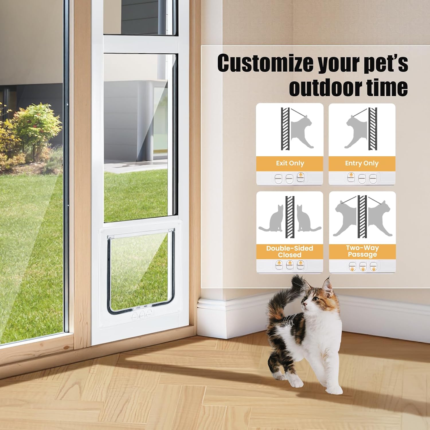 Petoasis Cat Door for Sliding Glass Door, Fits 92-1/4' to 96-1/2' Sliding Door Cat Door Insert, Upgraded All-Season Rigid Flap with Magnetic Closure, 4-Way Safety Lock (Full-Height)