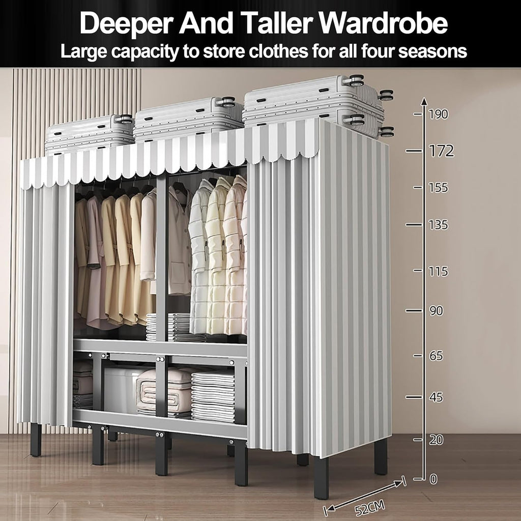 Heavy Duty Wardrobe Closet With Cover, Portable Metal Garment Rack With Hanging Rods, Foldable Clothing Rack For Hanging Clothes, For Bedroom(Grey1,150cm/59.1inch)