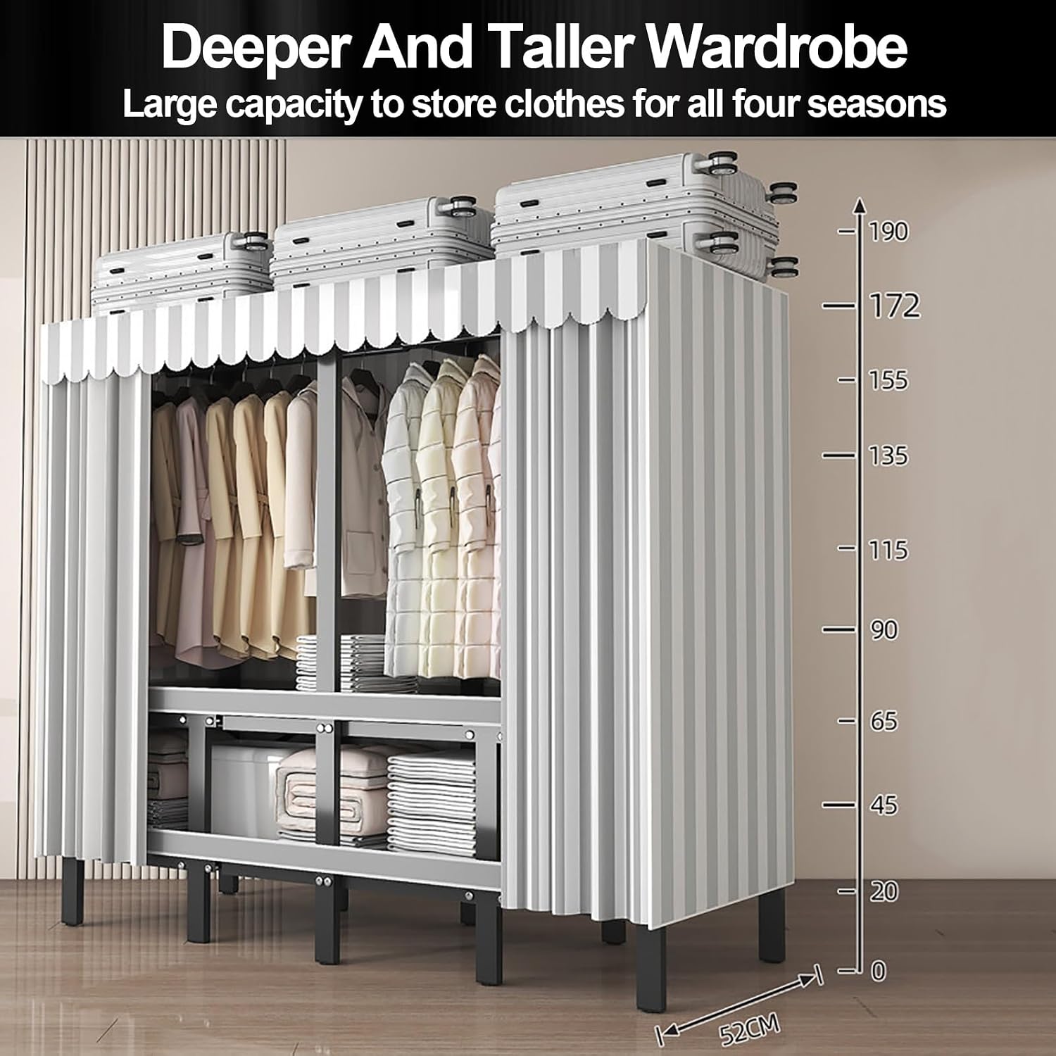 Heavy Duty Wardrobe Closet With Cover, Portable Metal Garment Rack With Hanging Rods, Foldable Clothing Rack For Hanging Clothes, For Bedroom(Grey1,180cm/70.9inch)