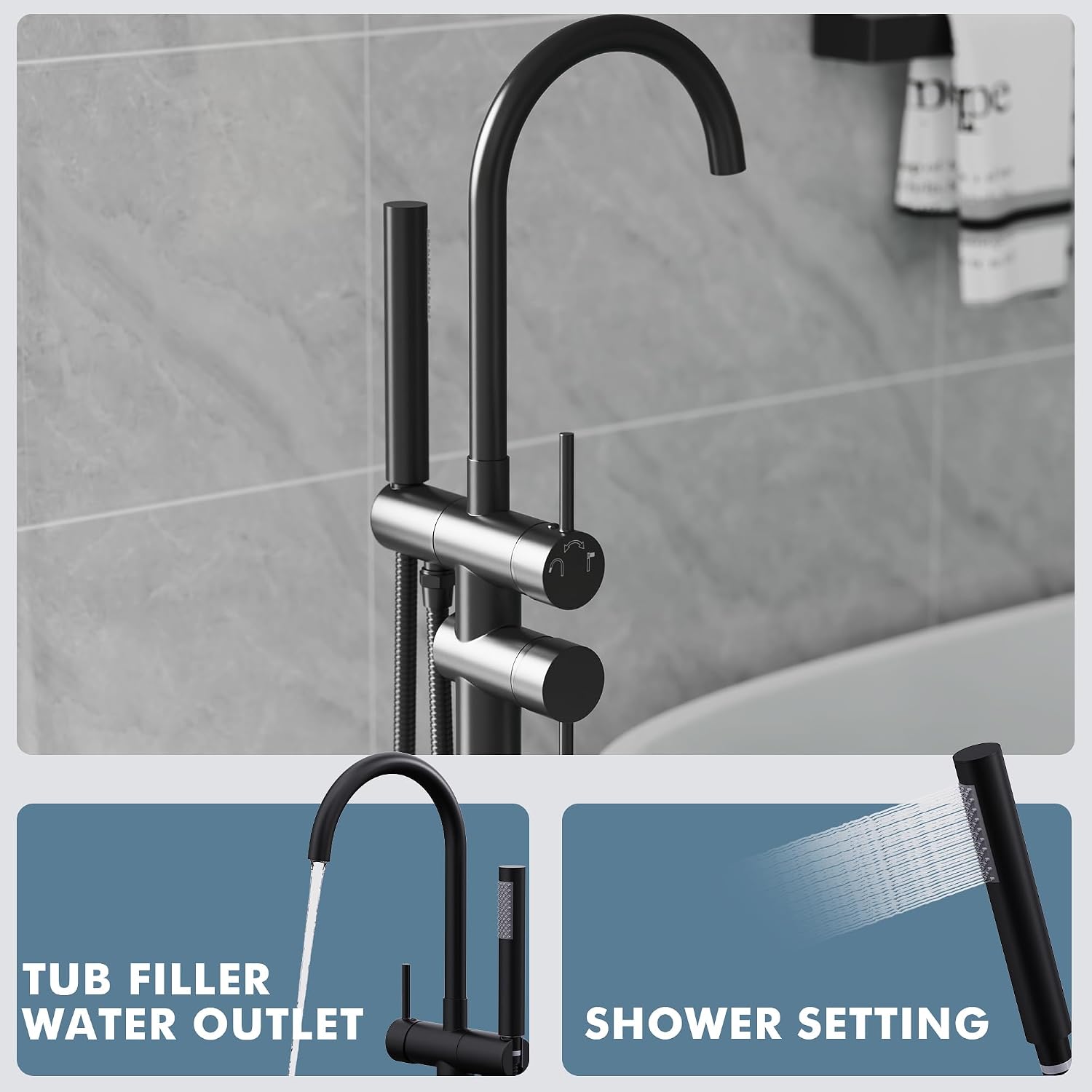 GIMILI Free Standing Tub Filler Bathtub Faucet Stand Alone Matte Black