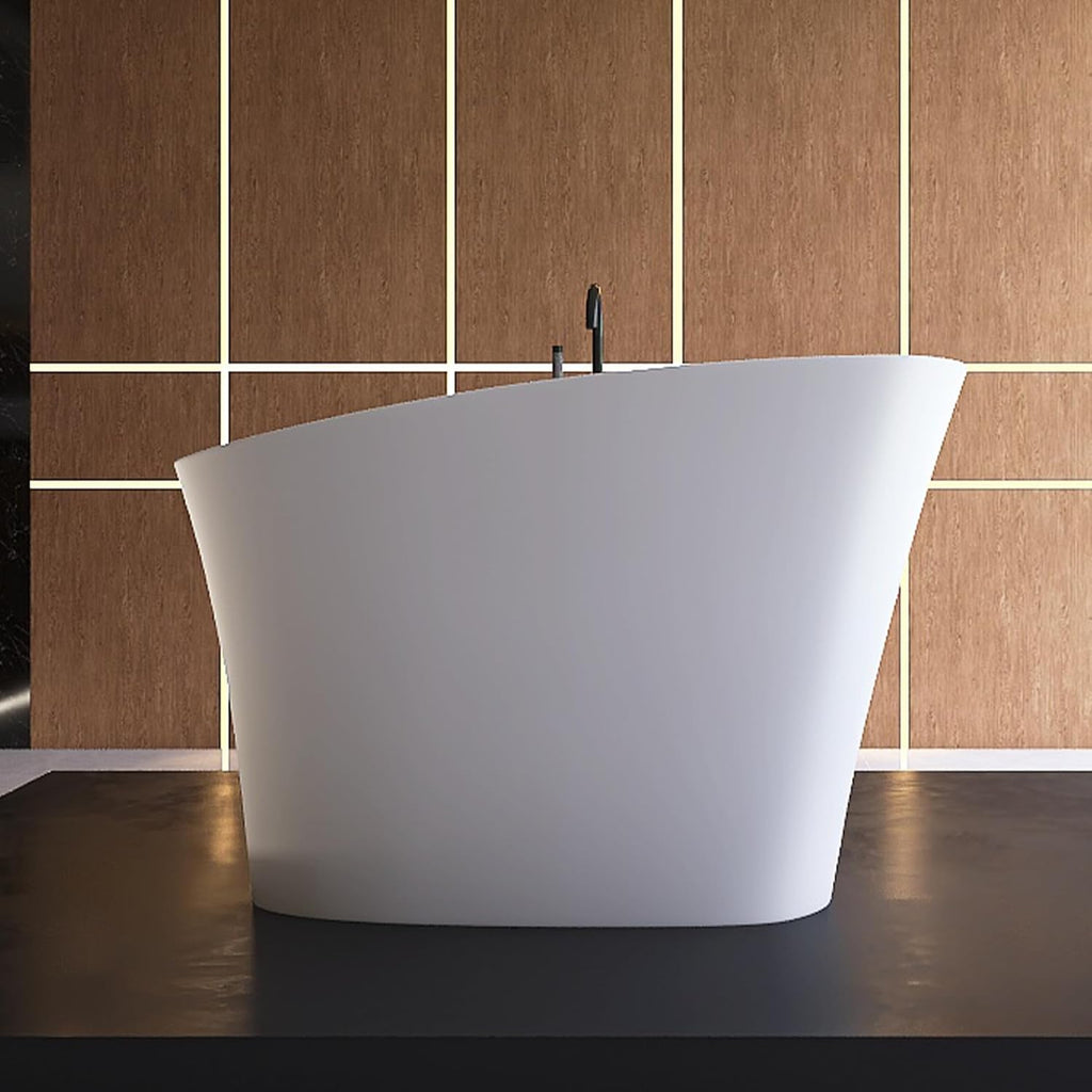 51' Japanese Soaking Bathtub with Seat, Solid Surface Matte White | Freestanding Deep Soaking Tub, Pop-Up Drain and Overflow, Resin Stone Stand Alone for Samll Bathroom