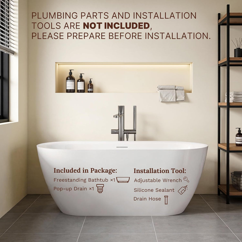 59' Free Standing Tub, Modern Deep Soaking Tub, Acrylic Stand Alone Bath Tub for Bathroom, Freestanding Bathtub with Integrated Overflow & Pop-Up Drain, cUPC Certified, Glossy White Finish