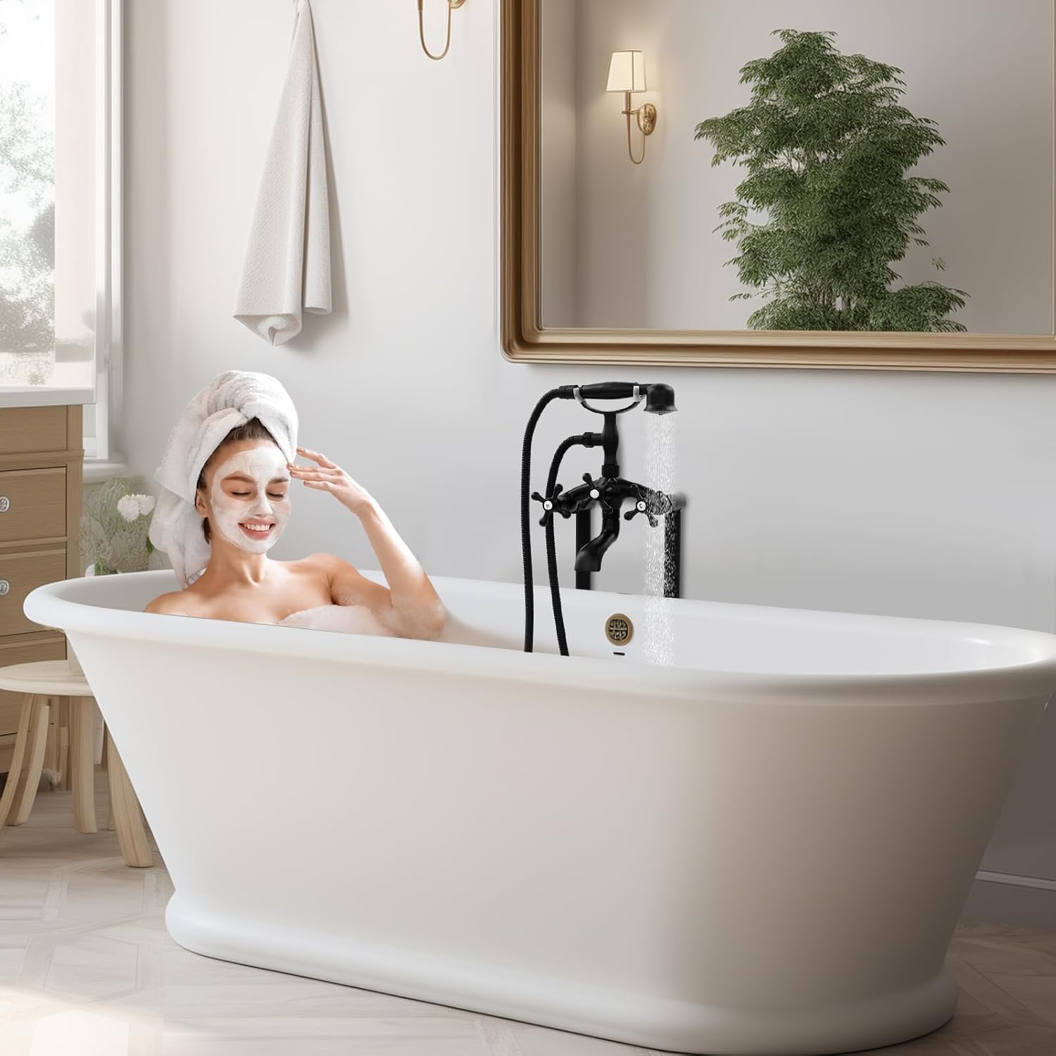 Freestanding Bathtub Faucet with Hand Spray, Floor Mounted Tub Filler, Black Brass, 41.33 Inch Height, Modern Style