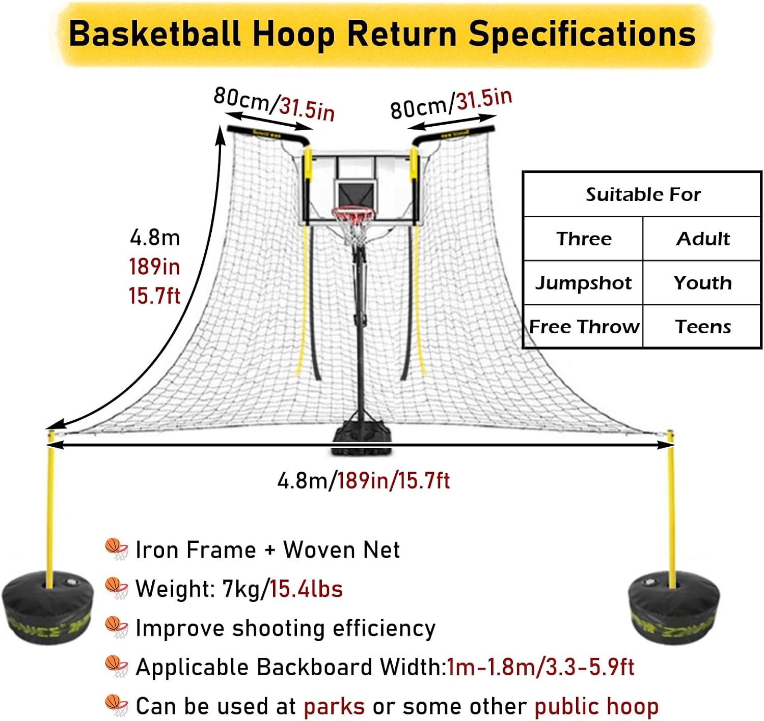 Basketball Rebounder Catcher Trainer Large for Wall Mounted Hoops/Traditional Pole, Automatic Basketball Return Net Guard, Outdoor Youth Adult Shooting Aid(Ball Return+Adult Gloves One Size)
