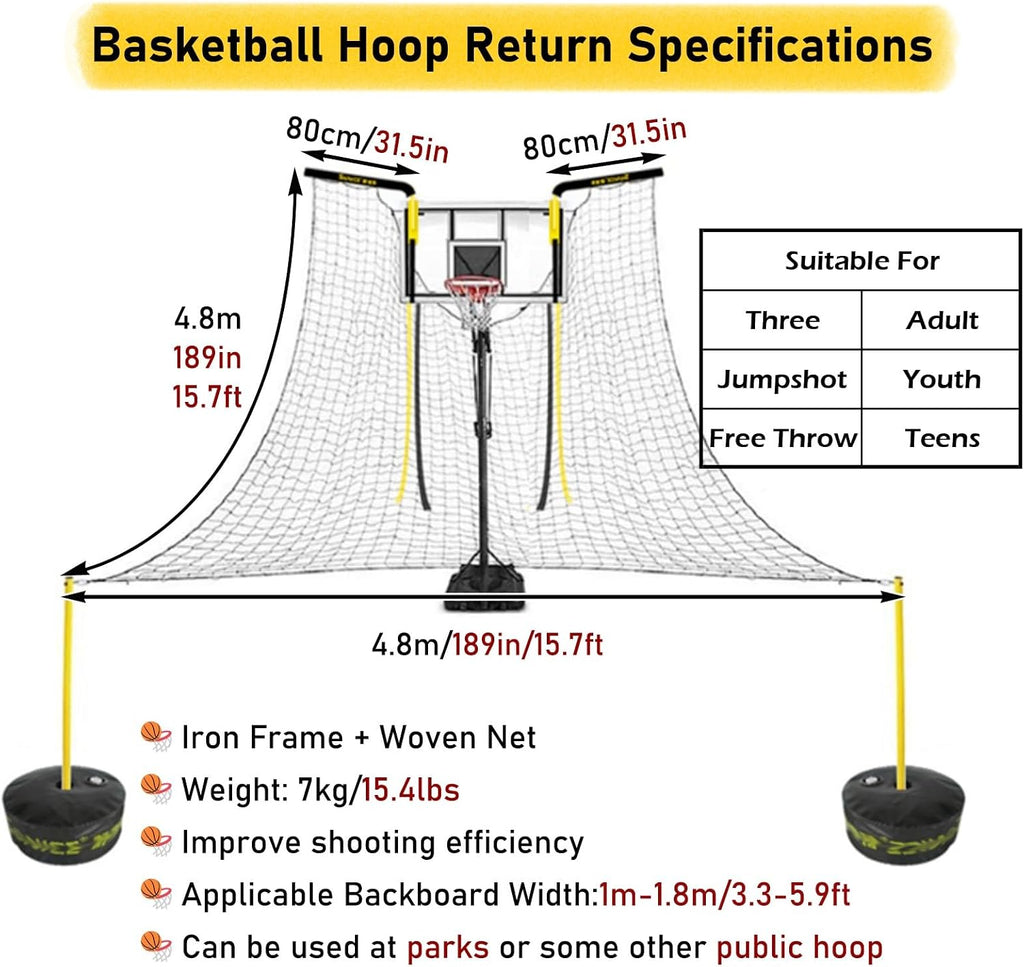 Gymnasium Court Basketball Rebounder Return System, Large Basketball Net Catcher Compatible with Indoor & Outdoor Basketball Hoops
