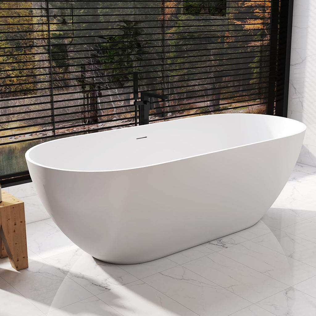 Zevemomo 69 Inch Solid Surface Freestanding Bathtub, Oval Shaped Soaking Stone Resin Bath Tub with Brushed Overflow and Drain, Matte White Stand Alone Bathtub, cUPC Certified