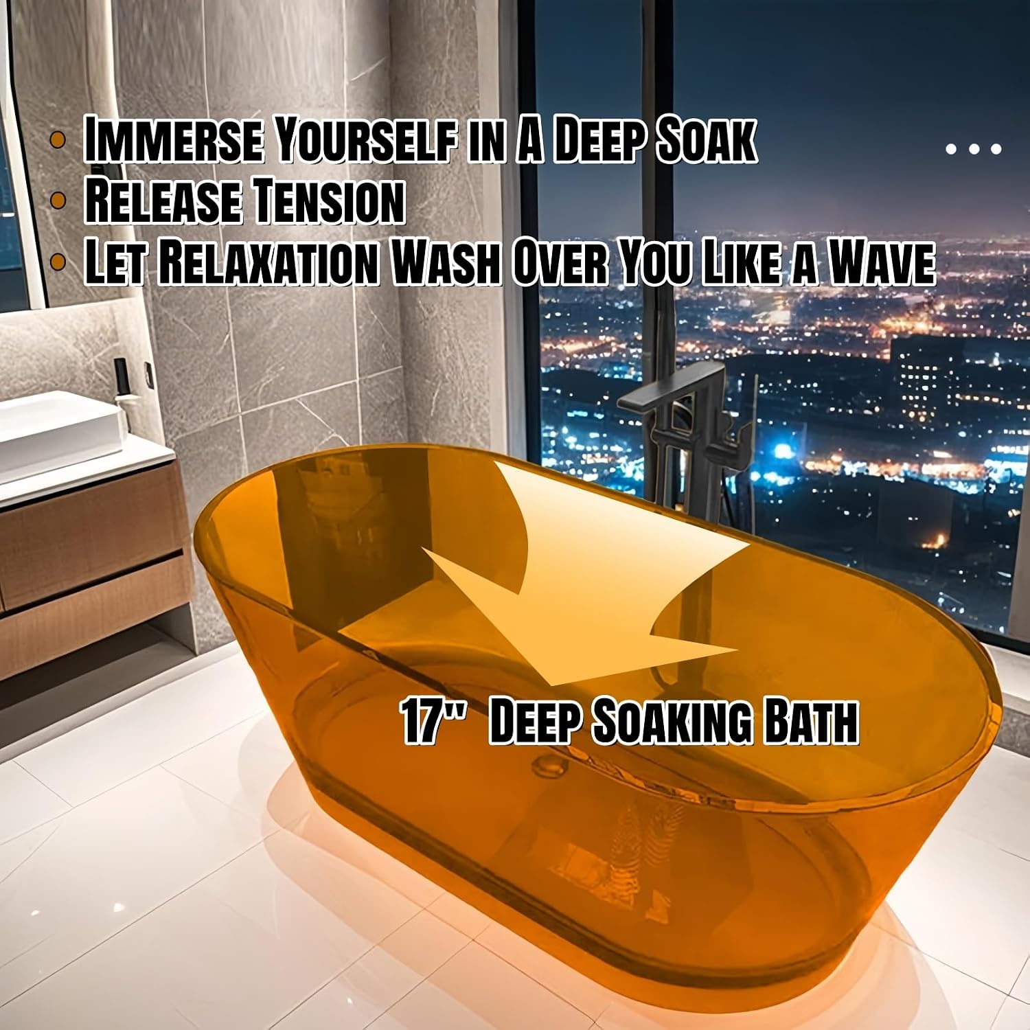 55' Edeyeu Freestanding Bathtub - Luxury Natural Resin Solid Surface Bathtub, Extra Deep Soaking Tub With Artistic Translucent Design, High-End Stand Alone Free Standing Tub Black