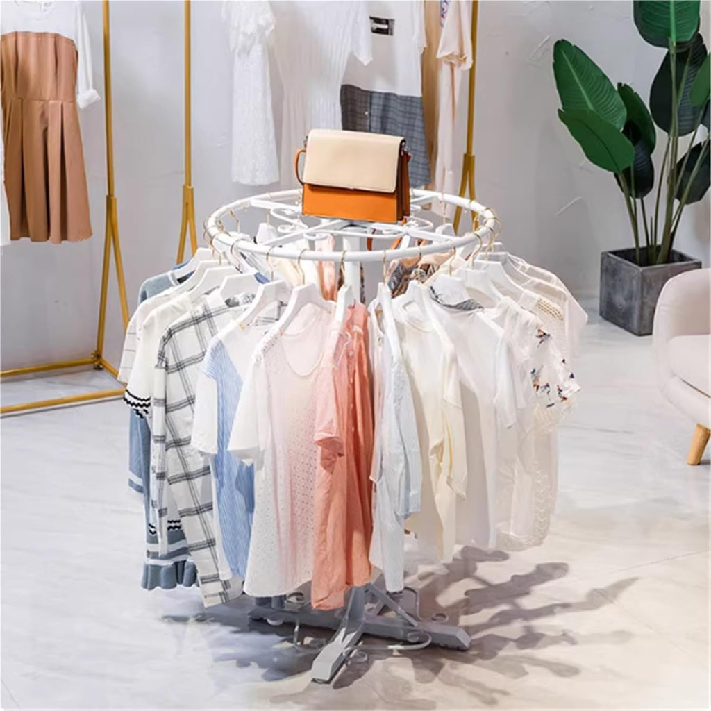 Round Garment Rack, Metal, Commercial Clothes Display Stand, Heavy Duty, 360° Rotating, for Retail Boutiques Home, Laundry Room(White,60 * 110cm)