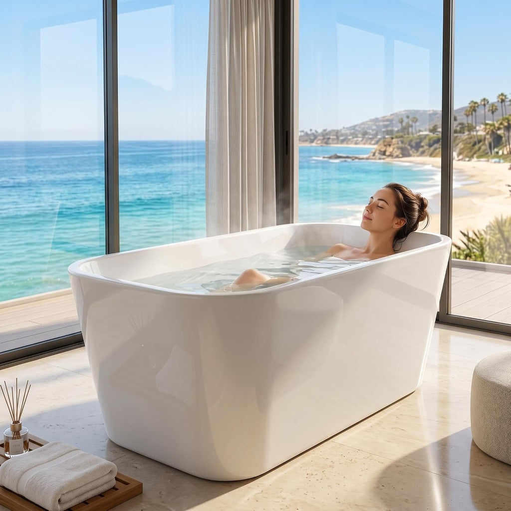 GarveeLife 49' Acrylic Freestanding Soaking Bathtub, Deep Ergonomic Design,cUPC Certified Bath Tub, Double-Walled Insulation, Matte Drain & Overflow, Easy Install, Modern Bathroom Tub, All White