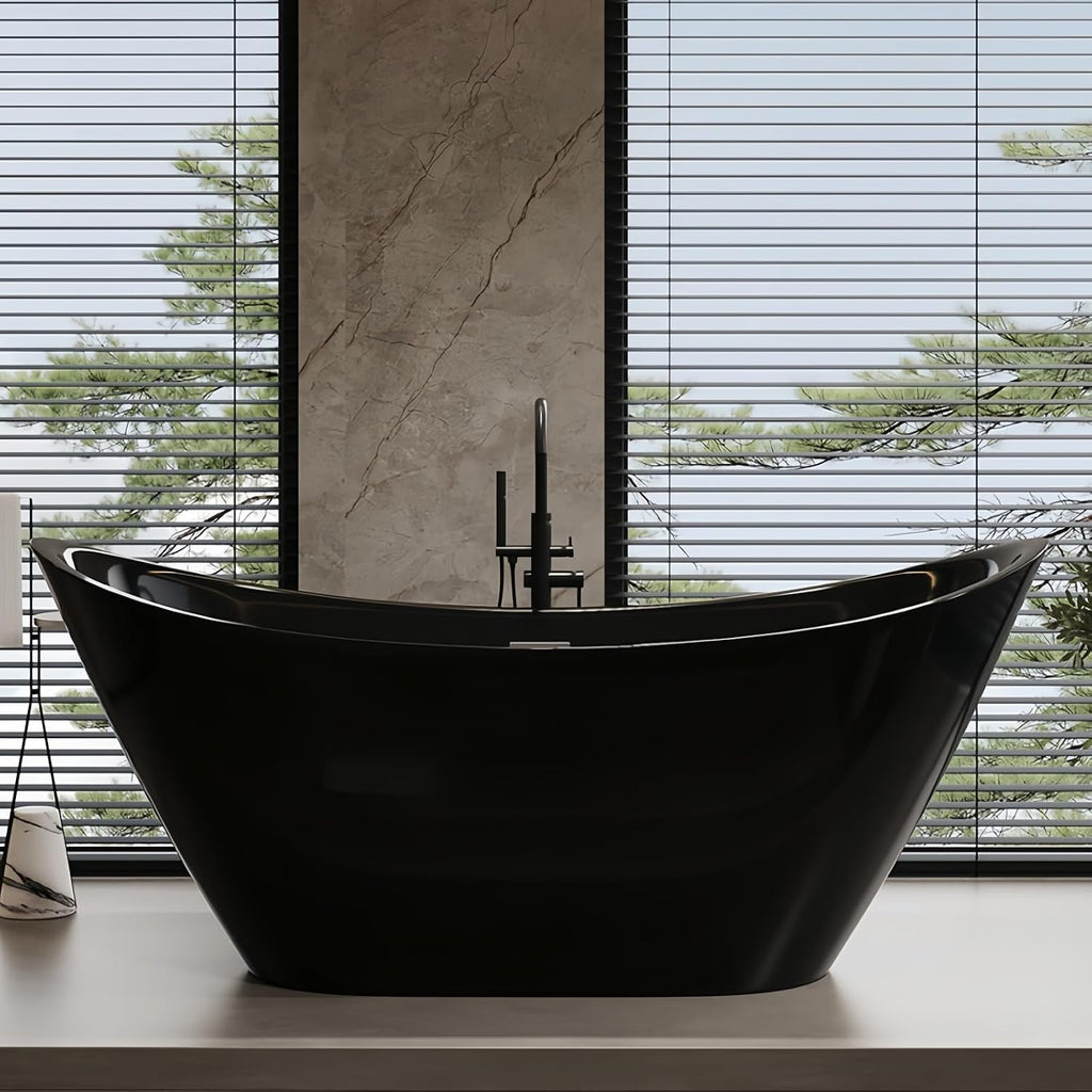 68' Edeyeu Stylish Freestanding Bathtub - Modern Soaker Tub With Double Backrest, Extra Deep Soaking Tub for Full Immersion Bathing, Ergonomically Designed Freestanding Bathtubs with Drain Black