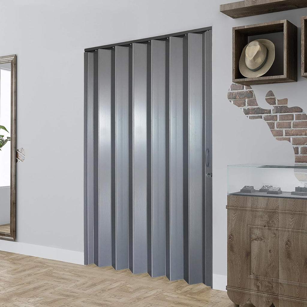 DIYHD 48X96in Interior Folding PVC Accordion Door,Grey,Include Door and Mounting Hardware,Handle,Latch,Folded Width 5-7/8'