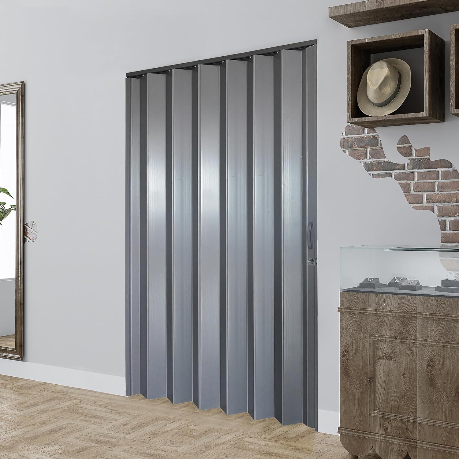 DIYHD 48X96in Interior Folding PVC Accordion Door,Grey,Include Door and Mounting Hardware,Handle,Latch,Folded Width 5-7/8'
