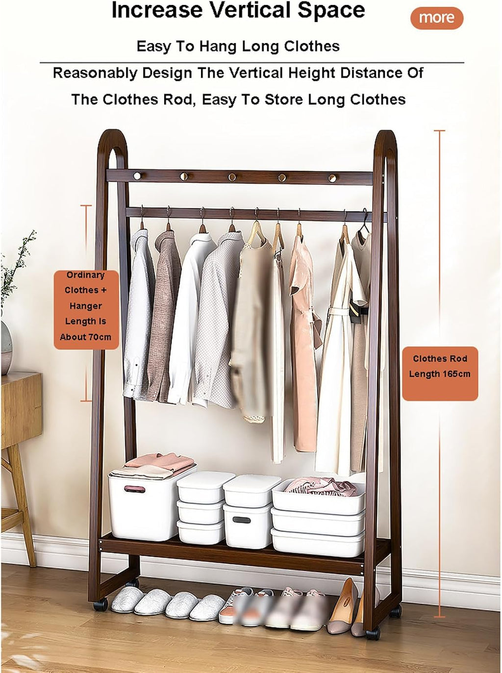 Bamboo Clothes Rack Freestanding Coat Rack Stand Portable Clothing Rack w/Storage Shelf and Hanging Rod Rolling Garment Rack w/Wheels for Entryway