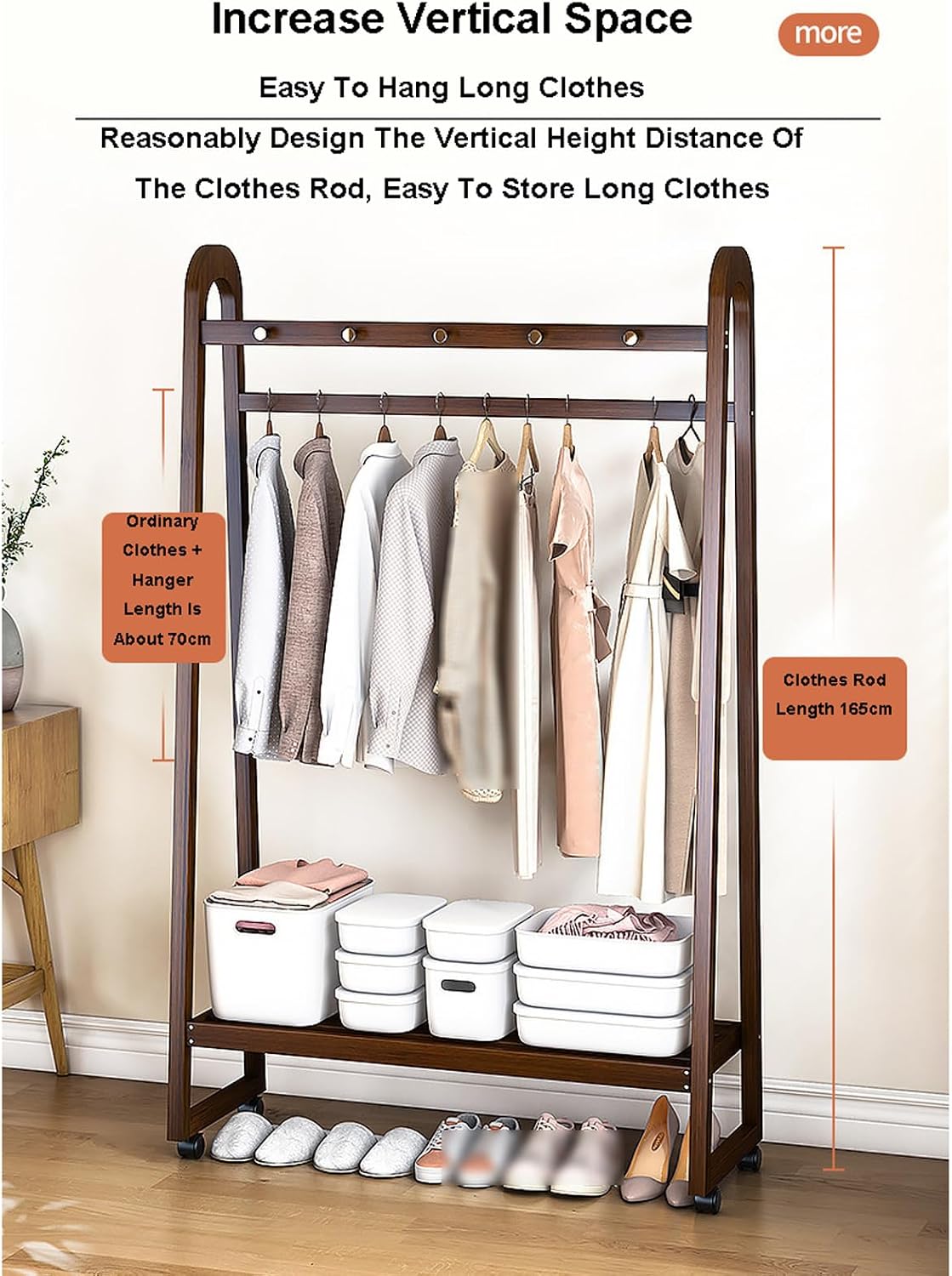 Bamboo Clothes Rack Freestanding Coat Rack Stand Portable Clothing Rack w/Storage Shelf and Hanging Rod Rolling Garment Rack w/Wheels for Entryway