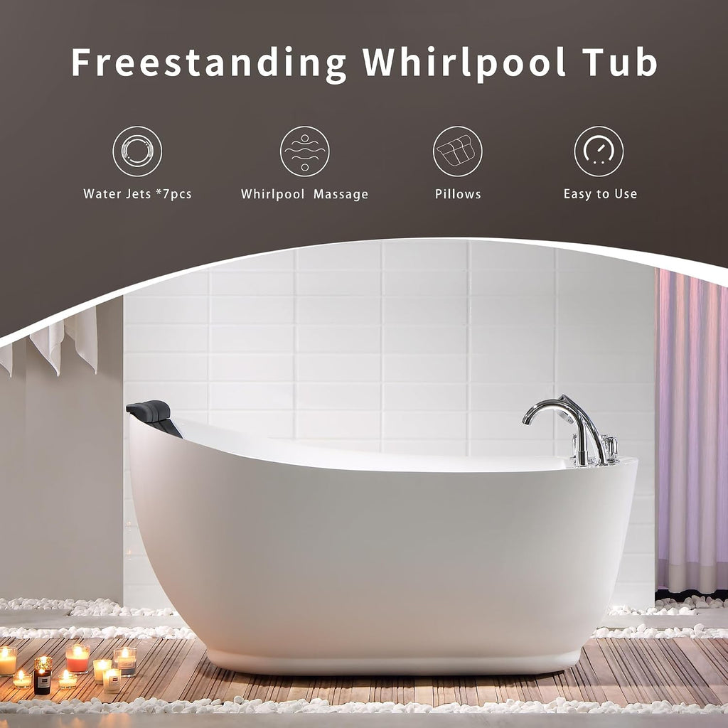 Empava 59 Inch Acrylic Freestanding Whirlpool Tub, Hydromassage Gracefully Oval Shaped Whirlpool 7 Water Jets Soaking SPA, Lumbar and Neck Support, Black Pillow, ETL Certified, White