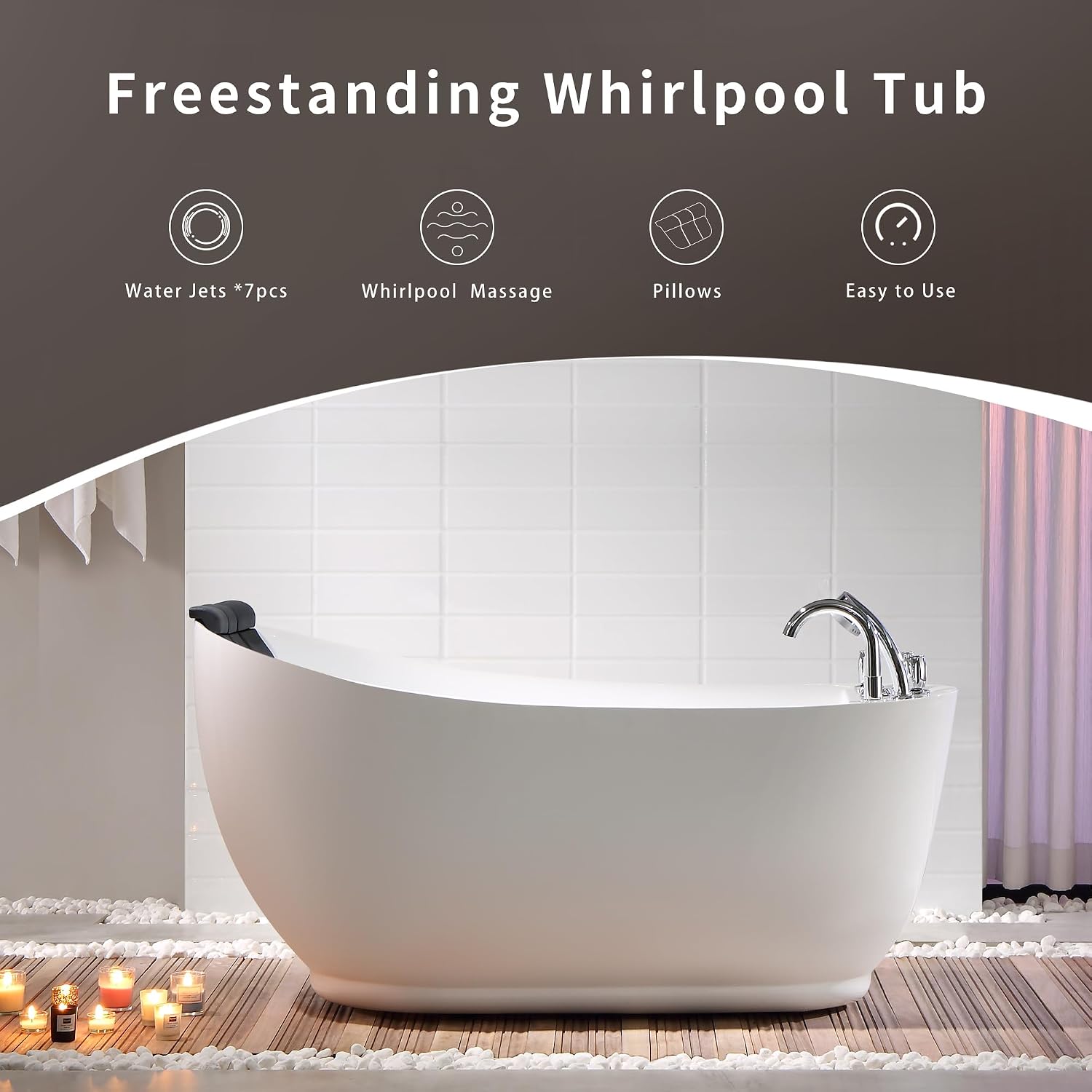 Empava 59 Inch Acrylic Freestanding Whirlpool Tub, Hydromassage Gracefully Oval Shaped Whirlpool 7 Water Jets Soaking SPA, Lumbar and Neck Support, Black Pillow, ETL Certified, White